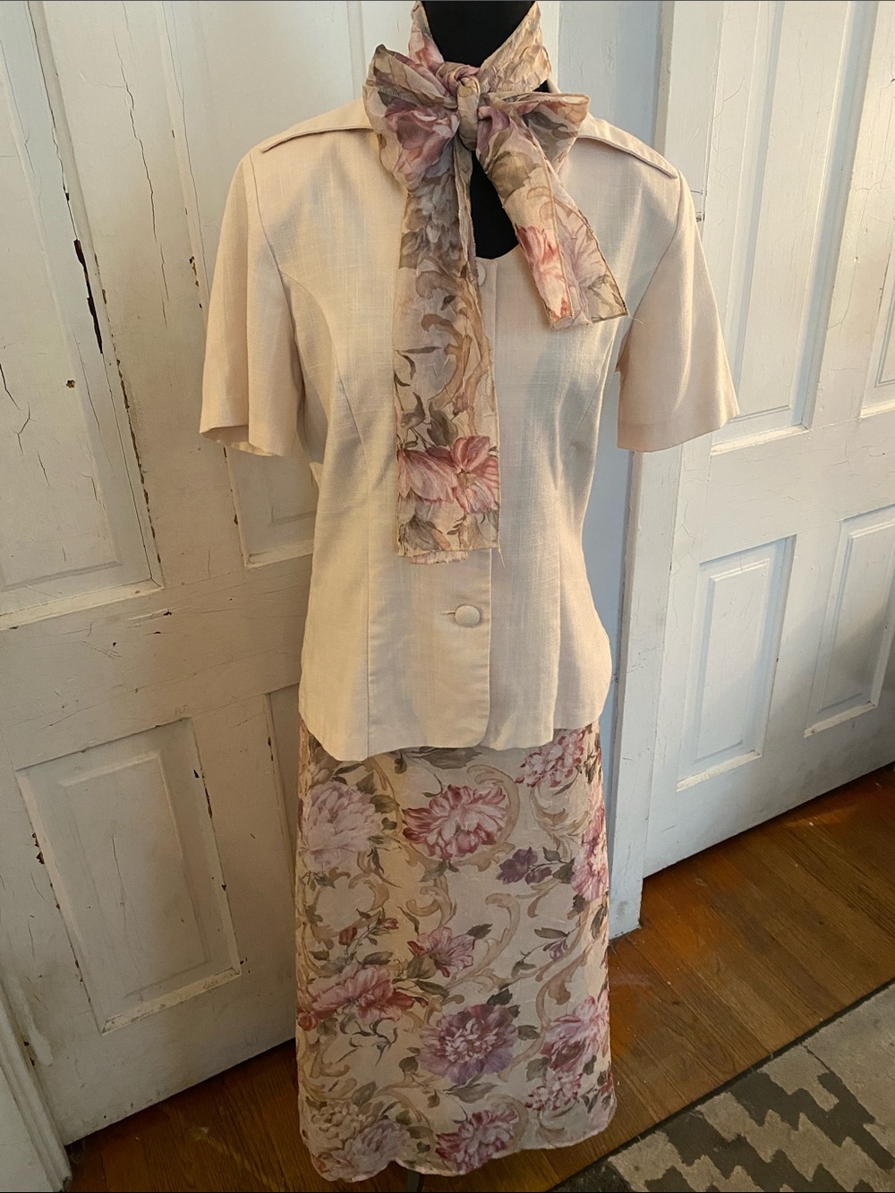 Dress Barn Cream Blouse and Floral Skirt Set with Pink Accents